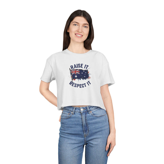 Raise It Respect It Women's Crop Tee T-Shirt with Australian Flag